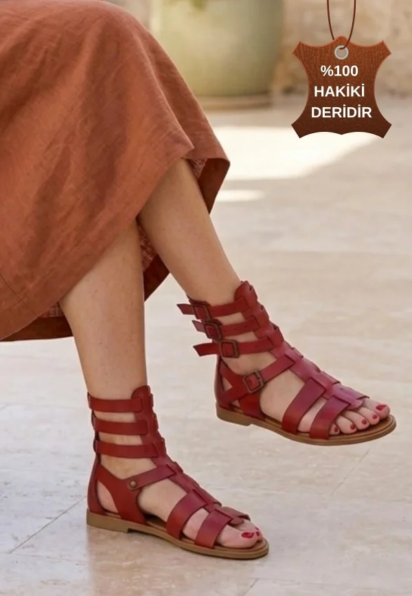 Hakiki Deri Kemerli Sandalet · Kırmızı